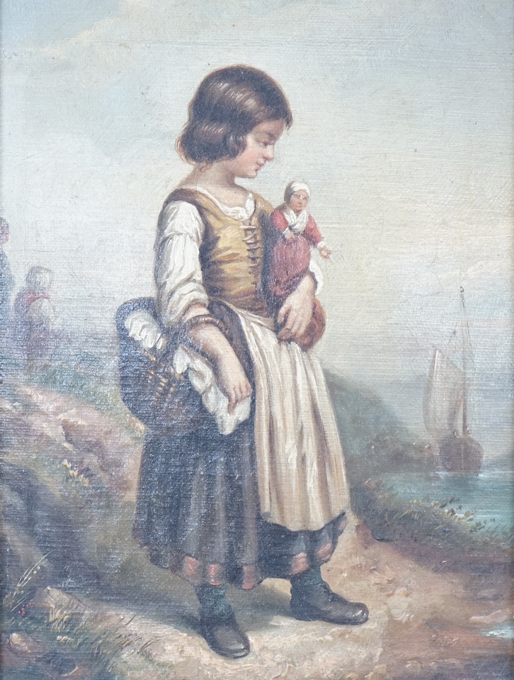 19th century, French School, oil on canvas, Girl holding a doll standing upon the seashore, 21 x 16cm, ornate gilt framed. Condition - fair, losses to the frame